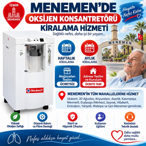 İzmir Menemen genelinde solunum tedavisi gören hastalarımız için hijyenik, güvenilir ve bütçe dostu oksijen konsantretörü kiralama çözümleri sunuyoruz. Cihazınızı mağazamızdan ücretsiz teslim alabilir veya adrese teslimat ücreti karşılığında Menemen’deki evinizde kapıda kurulum talep edebilirsiniz.