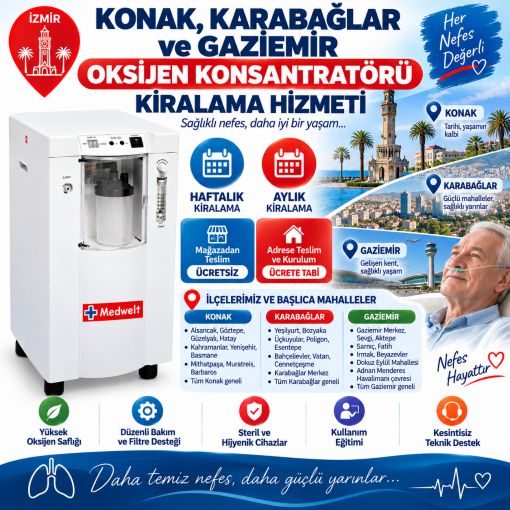 İzmir Konak, Karabağlar ve Gaziemir ilçelerinde evde solunum tedavisi gören hastalarımız için hijyenik, güvenilir ve bütçe dostu oksijen konsantratörü kiralama çözümleri sunuyoruz